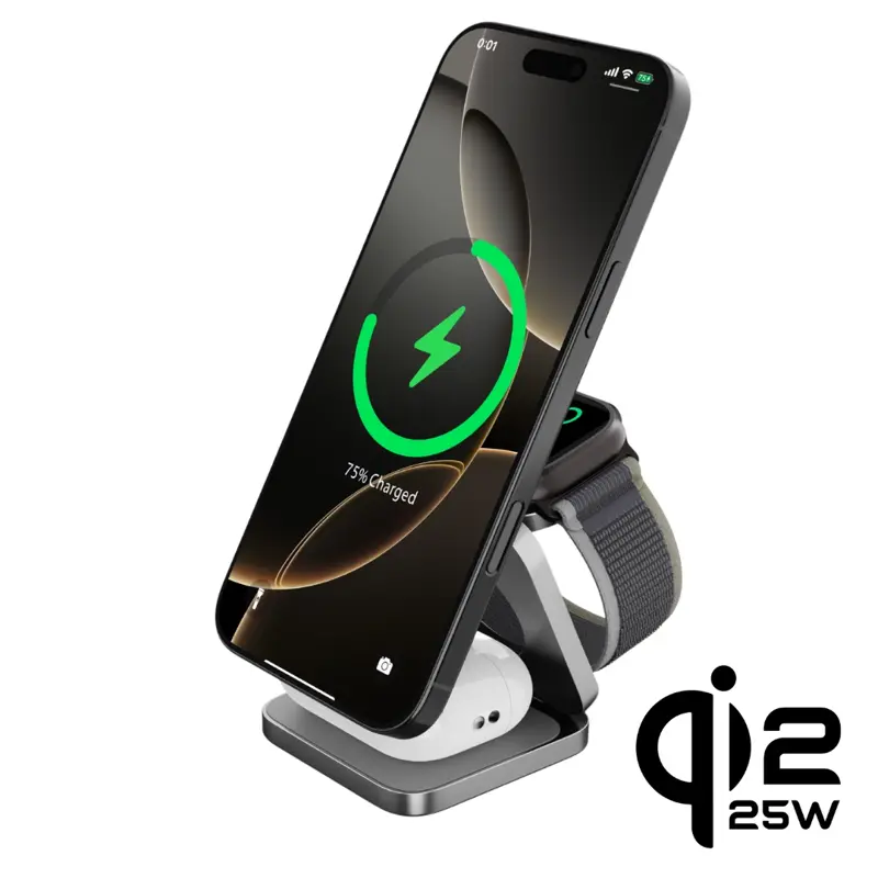 Cubenest 3v1 Qi2.2 Skládací bezdrátová magnetická nabíječka SQ312 Ultra šedá